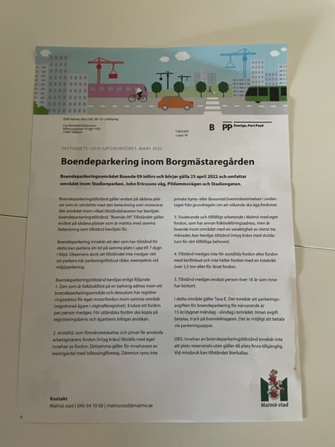 Informationsblad om boendeparkering inom Borgmästargården.